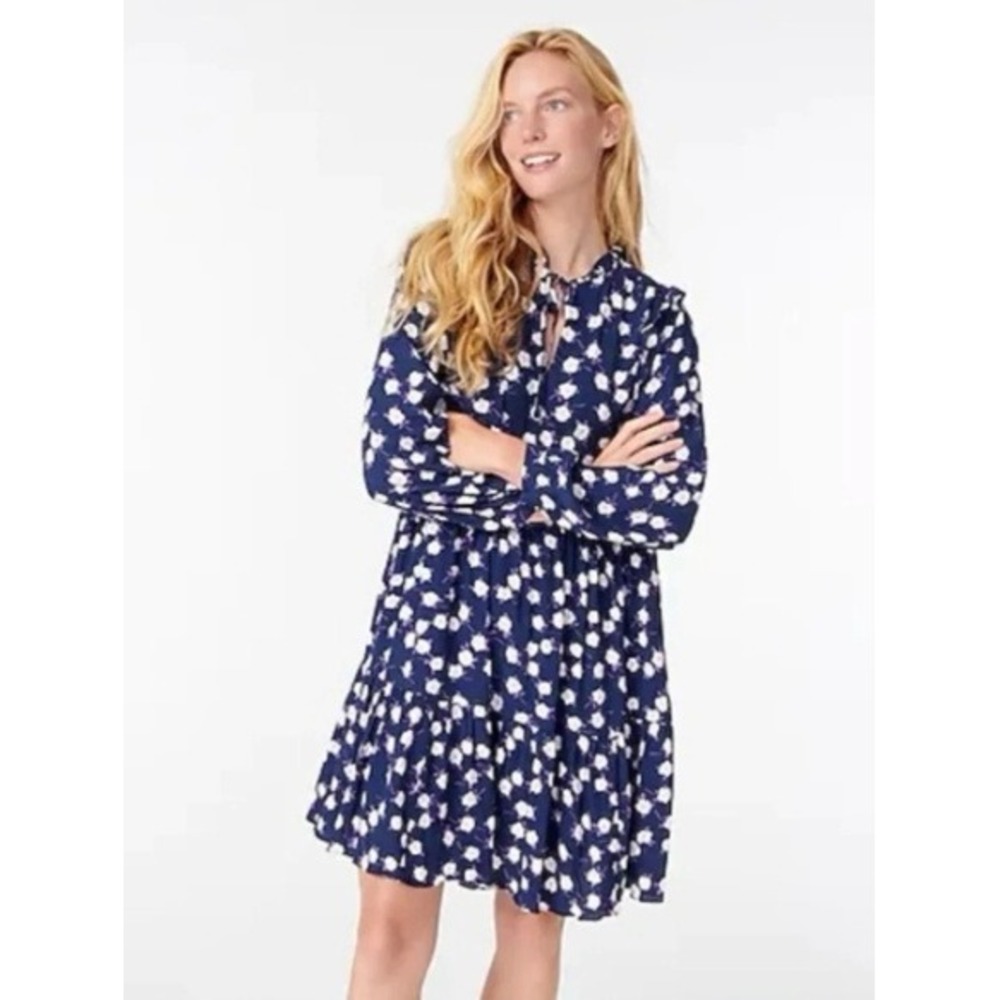 J.Crew Tiered Mini Dress Small Navy Floral Cottagecore Boho Teacher